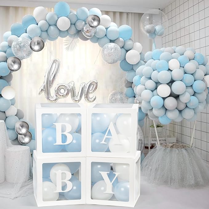 Voircoloria Baby Shower Decorations, 4pcs Transparent Balloon Boxes with Letters, Blue & White, Includes 36 Balloons & Adhesive Dots