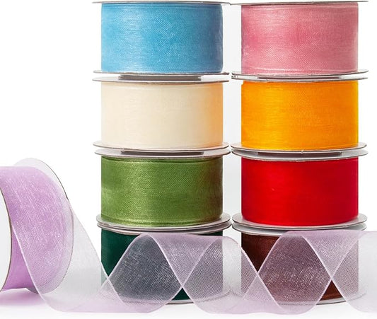 Organza Ribbon Set - Assorted Sheer Ribbons, 1" x 90 Yds, Colored, Clear, Chiffon, Tulle for Flower Bouquet, Gift Wrapping, Christmas Tree, Wedding Invitations, Wreaths, Bows, Crafts