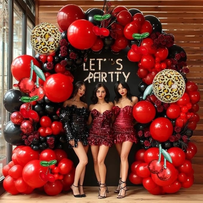Red Black Balloon Arch Kit Double Stuffed Burgundy Black Maroon Balloon Garland Cherry Cheetah Print Balloons for Birthday Bridal Baby Shower Bachelorette Graduation Party Decorations
