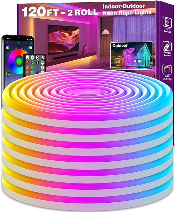 SINLEY Led Neon Rope Lights 120FT,Control with App/Remote,Flexible Led Rope Lights,Multiple Modes,IP68 Outdoor RGB Neon Lights Waterproof,Music Sync Gaming Led Strip Lights for Bedroom Indoor