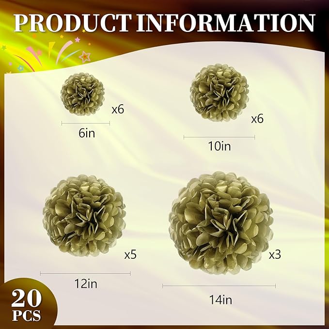 20 PCS Golden Tissue Paper Pom Poms, Tissue Pom Poms Flowers, Sizes of 6", 10", 12", 14" Hanging Paper Flower Ball for Wedding, Birthday, Halloween, Christmas, Baby Shower Party Decor