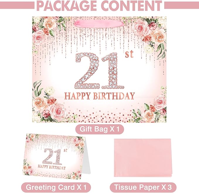 Laidans Sweet 21st Happy Birthday Gift Bag with Tissue Paper and Card for Girls Kids Birthday Party (Rose Gold)