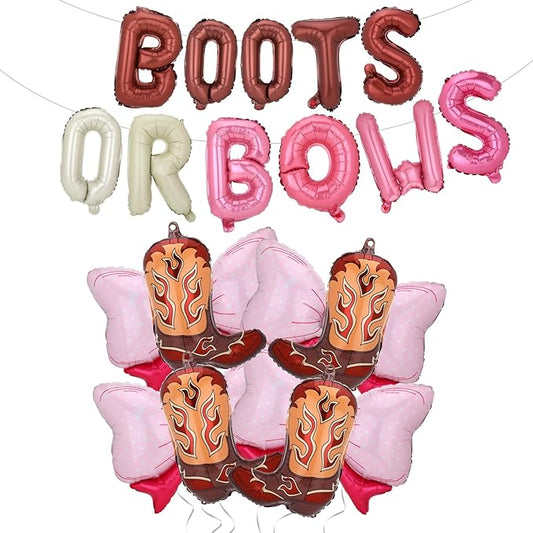19Pcs Boots or Bows Gender Reveal Decorations Aluminum Foil Balloons Kit Cowgirl or Cowboy Western Boot Balloon Pink Bow Balloon Birthday Western Themed Party Baby Shower Gender Reveal Party Supplies