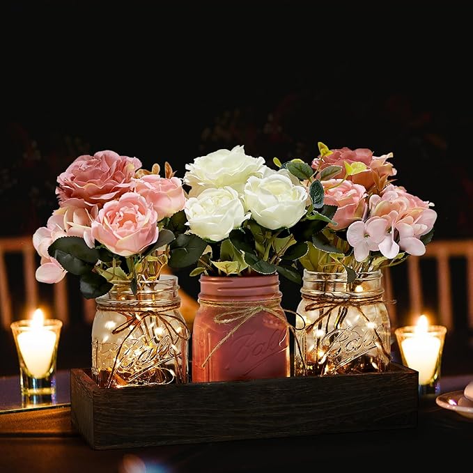 Mason Jar Centerpiece Table Decor for Dining Room Farmhouse Coffee Table Decor with Wood Tray Fairy Lights Fake Flowers for Valentine's Day Kitchen Living Dining Room - Pink White