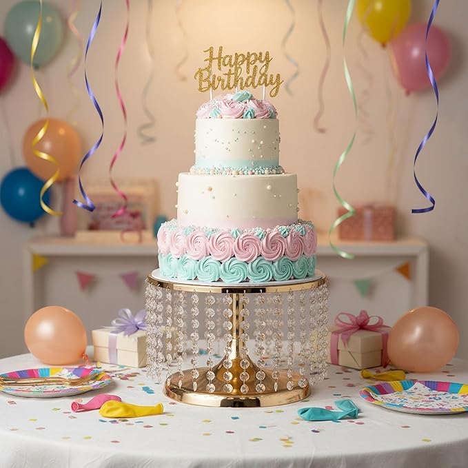Cake Stand for Dessert Table 12 Inch Gold Crystal Pendants Metal Cake Stand Serves as A Round Dessert Cupcake Display Plate for Table, Wedding, Party, Event