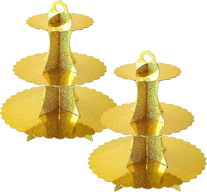 Soleebee 3-Tier Cupcake Stand, Cardboard Cupcake Tower, Dessert Cup Cake Stand Tower for Birthday Wedding Party Decoration, Cupcake Tier Stand 2 Set (Glitter Gold)