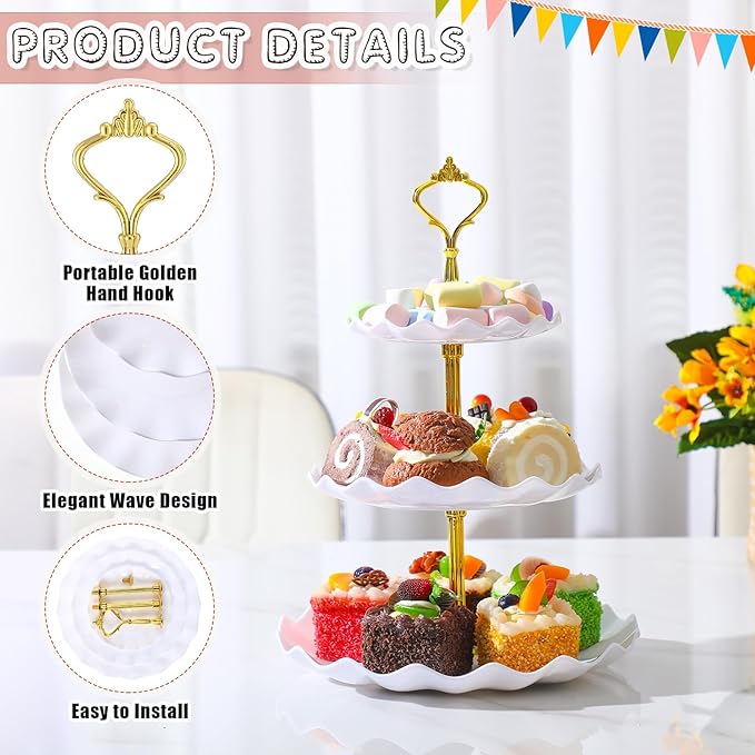 Patelai 8 Packs 3 Tier Cupcake Stand Holder Plastic Cake Serving Display Stand Tower Donuts Cookie Dessert Tray Holder Wave Shape with Gold Rod for Wedding Birthday Baby Shower Tea Party(White)