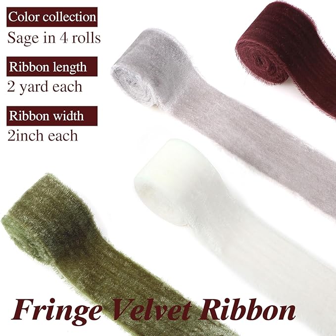 Canlierr 4 Roll Valentine's Day Silk Velvet Ribbon for Gift Wrapping Fringe Fabric Frayed Velvet Ribbon Raw Edge for Valentine Day Party Wedding Decor Bouquet Basket Hair(Fresh Color,2 in X 8 yd)