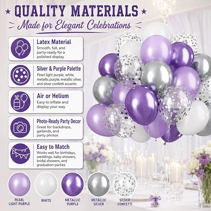 Purple and Silver Balloons 60PCS Pastel Purple Balloons, 12 Inch Metallic Silver Confetti and White Latex Balloon for Girls Women Birthday Wedding Baby Shower Bridal Shower Graduation Party Decor