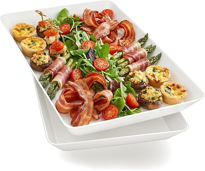 Serving Tray Platter, 2 Pcs Food Tray for Veggie Fruit Snack Dessert Cookie Cheese, Food Trays for Party Supplies Display, Plastic Platters for Serving Food, Large White Trays, BPA Free
