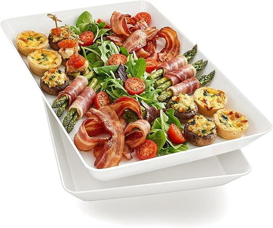 Serving Tray Platter, 2 Pcs Food Tray for Veggie Fruit Snack Dessert Cookie Cheese, Food Trays for Party Supplies Display, Plastic Platters for Serving Food, Large White Trays, BPA Free