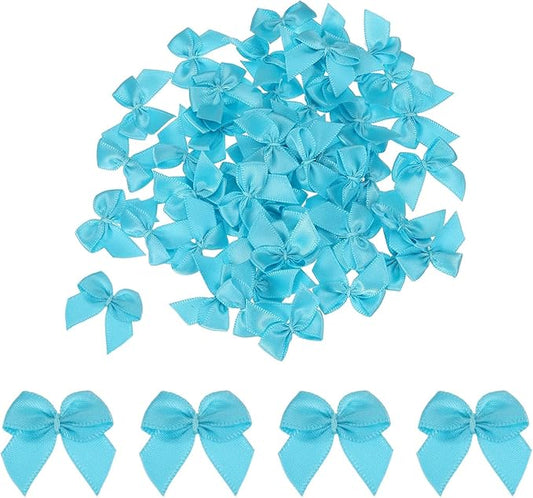 MECCANIXITY 50 Pcs Mini Ribbon Bow 1" Mini Fabric Satin Ribbon Flower Bows for Craft DIY Sewing Wedding Birthday Party Gift Wrap Bows Lake Blue