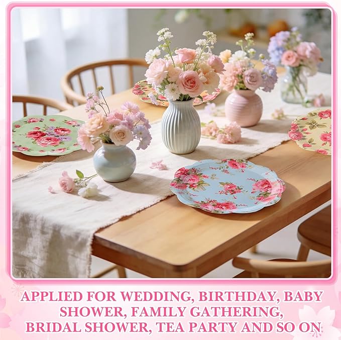 80 Pcs Spring Floral Paper Plates 7 Inch Vintage Scalloped Tea Party Plates Pink Flower Colorful Disposable Dinnerware Dessert Dish for Wedding Bridal Shower Baby Shower Birthday Party Decoration