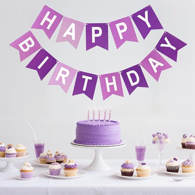 Happy Birthday Banner Birthday Party Banner NO DIY Happy Birthday Sign Pre-Strung Birthday Hanging Decoration for Women Men Girl Boy Party Supplies (Purple)
