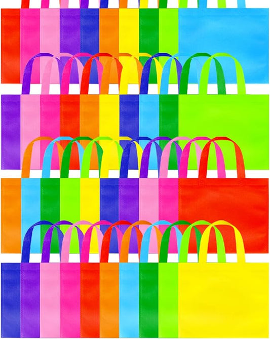 100 Pcs Non-Woven Party Tote Bags, 9.8'' x8.3'' Reusable Birthday Gift Bags Colorful Tote Bag Foldable Shopping Bag with Handles for Kids Birthday Party Supplies Snacks DIY Painting, 10 Colors