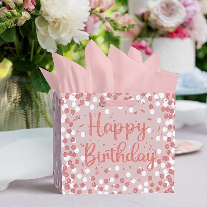 Horaldaily Large Birthday Gift Paper Bags with Tissue Paper and Card (1Pcs，Pink)