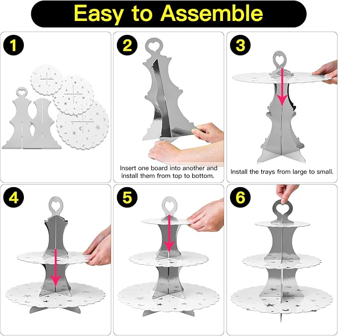 Soleebee 3-Tier Cupcake Stand, Cardboard Cupcake Tower, Dessert Cup Cake Stand Tower for Birthday Wedding Party Decoration, Cupcake Tier Stand 1 Set (Silver Moon and Star)