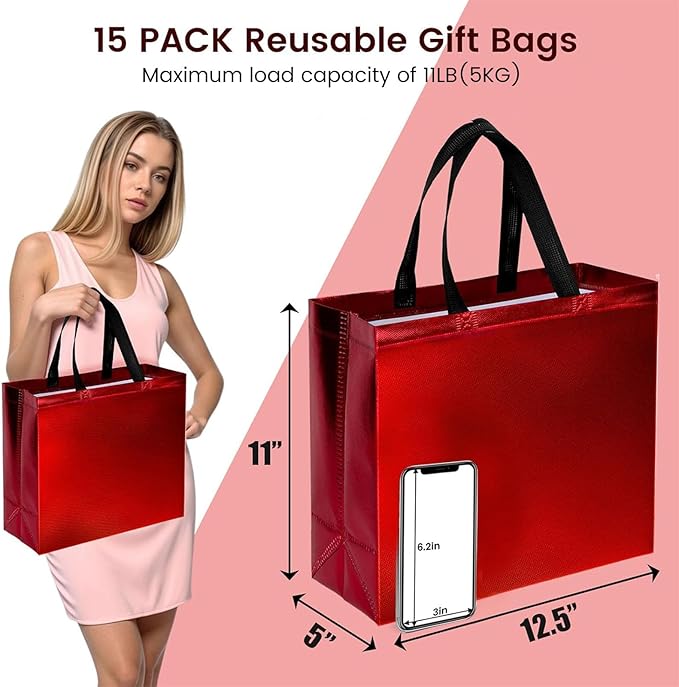 VGOODALL 15 Pack Reusable Gift Bags with Handles, 12.6x5x11 Inch Shiny Red Gift Bags for Party Favors Birthdays Weddings Packaging Supplies