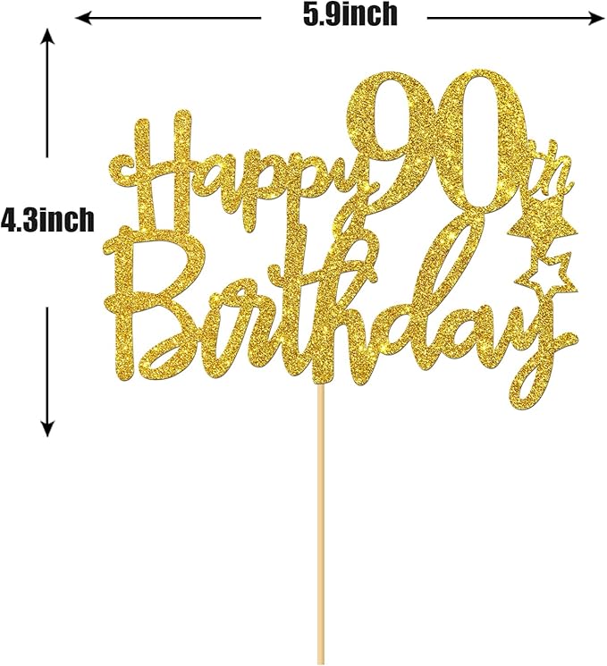 Gold Glitter Happy 90th Birthday Cake Topper - 90 Sign Cake Topper - Cheers to 90 Years Party Supplies - 90th Birthday Party Decoration