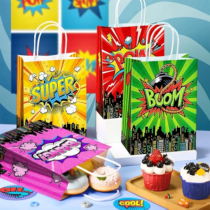 24 Pcs Hero Party Favor Bags with Handles - Hero Goodie Bags, Gift Bags. Comic Hero Theme Candy Bags for Kids, Kraft Paper Bags for Birthday Party Supplies and Baby Shower Decorations.