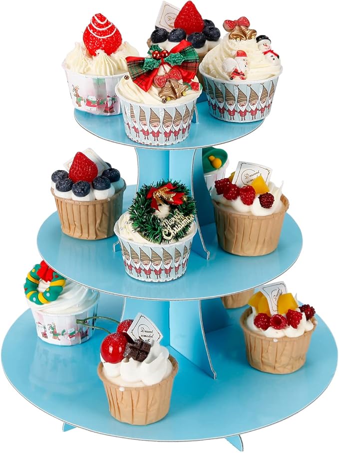 YLDW Cupcake Stand 2Pcs, 3-Tier Cupcake Stand Display, Cardboard Cup Cake Tower Stand, Disposable Dessert Stand for Birthday Tea Party Baby Shower Treat Decorations, Baby Blue