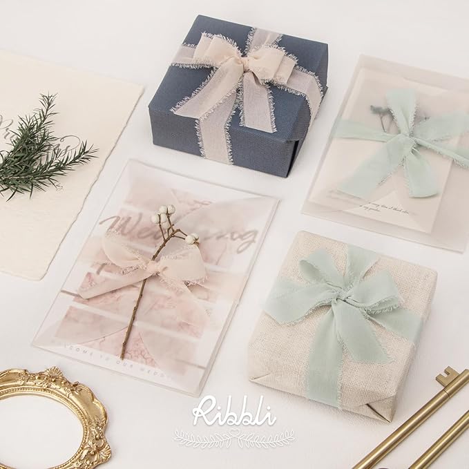 Ribbli Creamy Sage Ribbon 1 Inch x 3 Rolls Total 24 Yards Light Green Handmade Fringe Chiffon Silk Ribbon for Wrapping Wedding Invitations Bridal Bouquets DIY Crafts Home Decor