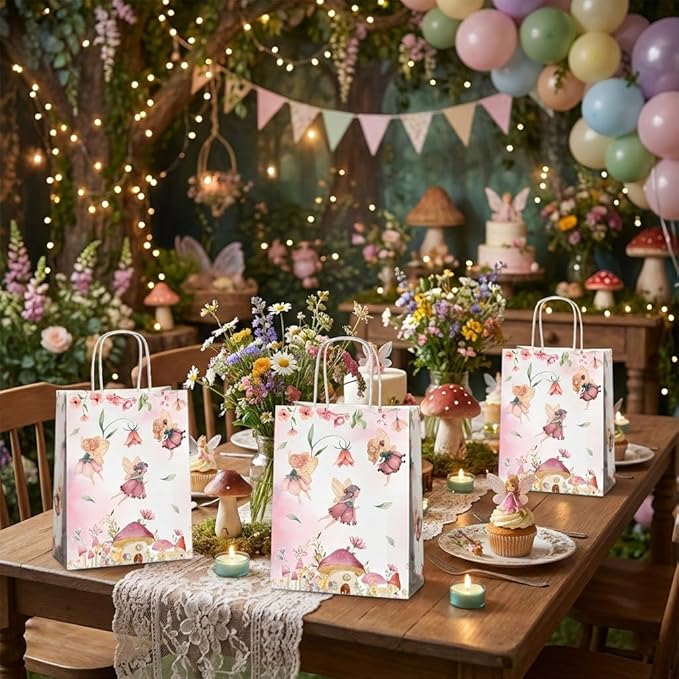 24 Pcs Fairy Party Favor Bags with Handles, Woodland Mushroom Goodie Gift Candy Treat Paper Bags for Kids Girls Baby Shower Birthday Party