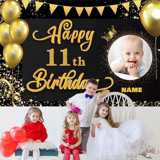 Custom Happy 11th Birthday Decorations Banner -11 Years Old Birthday Decorations Backdrop for Women Men Boys Girls - Personalization Happy 11th Birthday Party Decorations Supplies - Black and Gold