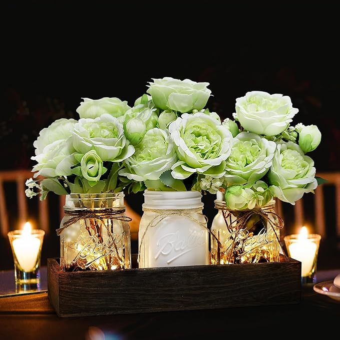 Mason Jar Table Centerpiece with Wood Tray, Fairy Lights, and Fake Flowers for Dining Room, Farmhouse Coffee Table Decor for Kitchen Living Room - Green