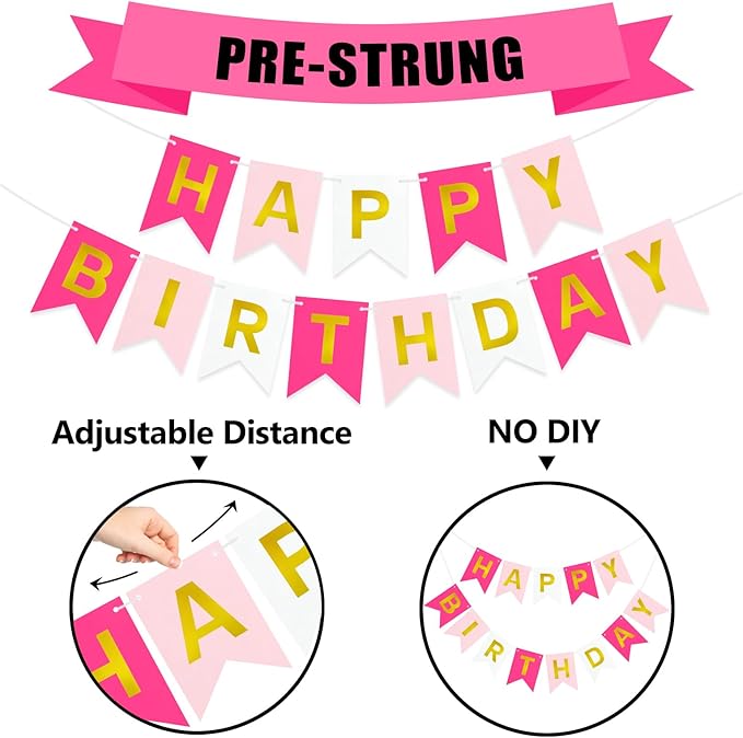 Pre-Strung Pink Happy Birthday Banner Sign, Pink Happy Birthday Party Decorations for Women Girls