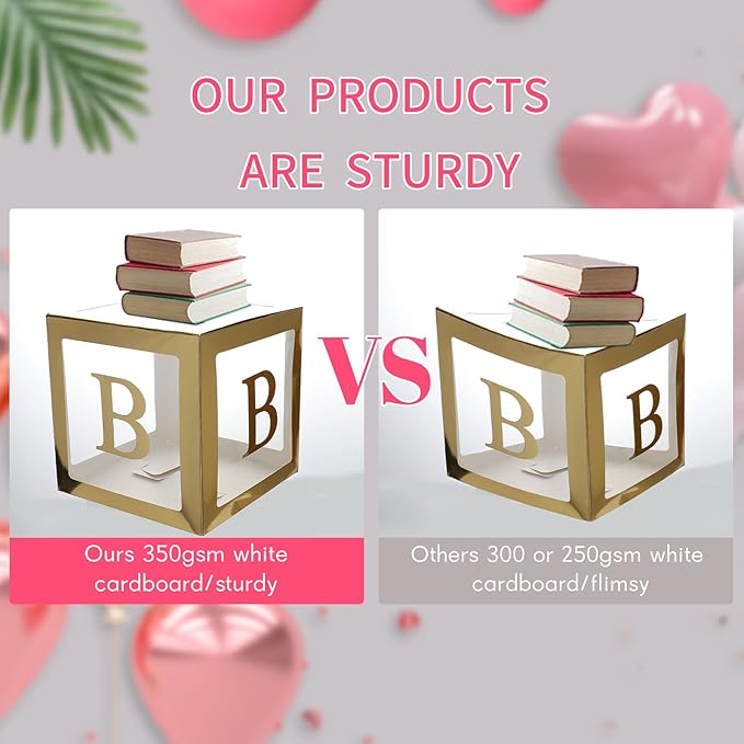 Gold Baby Boxes with Letters for Baby Shower, Baby Shower Decorations for Boys or Girls, Transparent Balloon Boxes Clear Blocks for Birthday Party, Bridal Shower, Gender Reveal