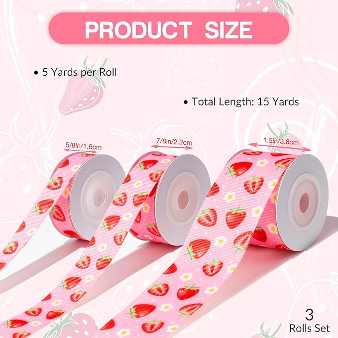 Strawberry Ribbon 3 Rolls Fruit Print Grosgrain Ribbons 5/8", 7/8", 1.5", Strawberry Printed Ribbon for Crafts, Gift Wrapping, Hair Bows, Summer Party, Scrapbooking, Holiday Decor
