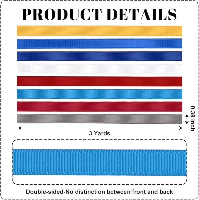 Patriotic 3/8 Inch Grosgrain Ribbon Set, 8 Pack x 3 Yards (24 Yards Total), Craft Ribbon for Fourth of July Memorial Day Wreaths Flag Decor and Gift Wrapping