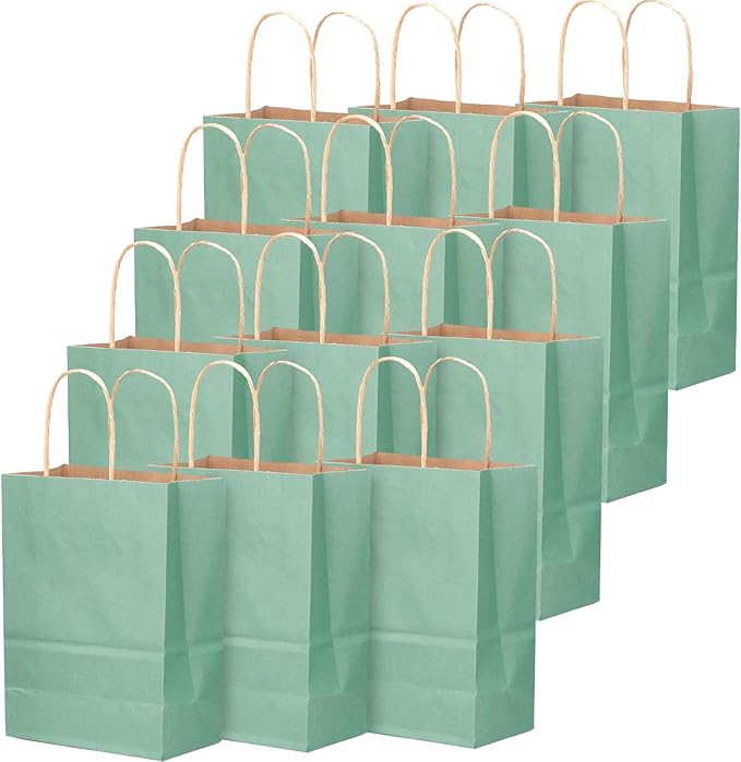 qiqee 100-Packs Light Blue Paper Gift Bags with Handles Bulk 8.26"×6"×3.15" Small Size Gift Bags Multiple Uses