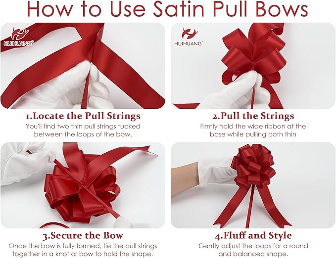 HUIHUANG Red Pull Bows for Gift Wrapping 4"x8" Red Christmas Bows 12 PCS Satin Gift Bow for Presents, Gift Basket, Paper Bag, Wrapping Accessories, Wreaths, Holiday Christmas Decor