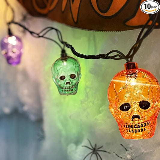 Halloween Skull String Lights Outdoor, 8.5Ft Ghost Head Lights with 10 LED Orange Green Purple Skull Head Lights, Hanging Halloween Decoration Skeleton Light for Patio, Porch, House, Party Decorations
