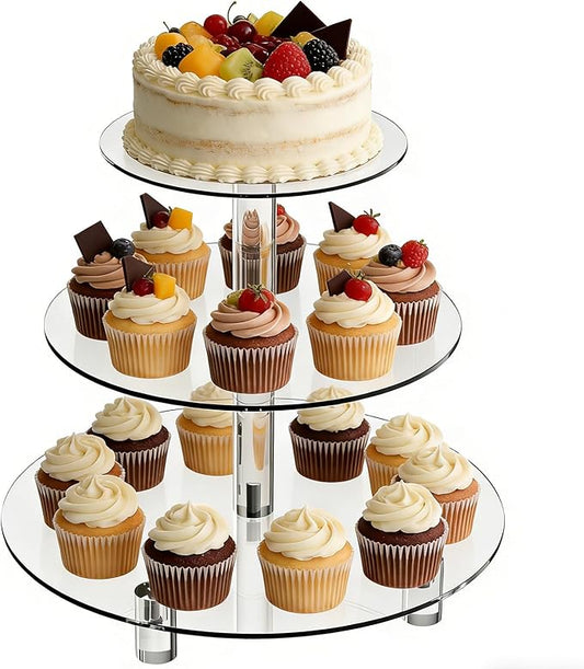 3 Tier Acrylic Cupcake Stand (6", 8", 10") with 4" Spacing - Clear Dessert Tower with Solid Rods - Stable Cake Display for Smash Cakes, Weddings & Party Decor (Clear)