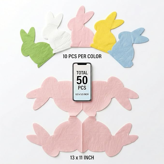 50 Pcs Bunny Die-Cut Party Napkins, 5 Pastel Colors Paper Napkins Disposable, Beverage Lunch Napkins for Birthday, Baby Shower, Tea Party