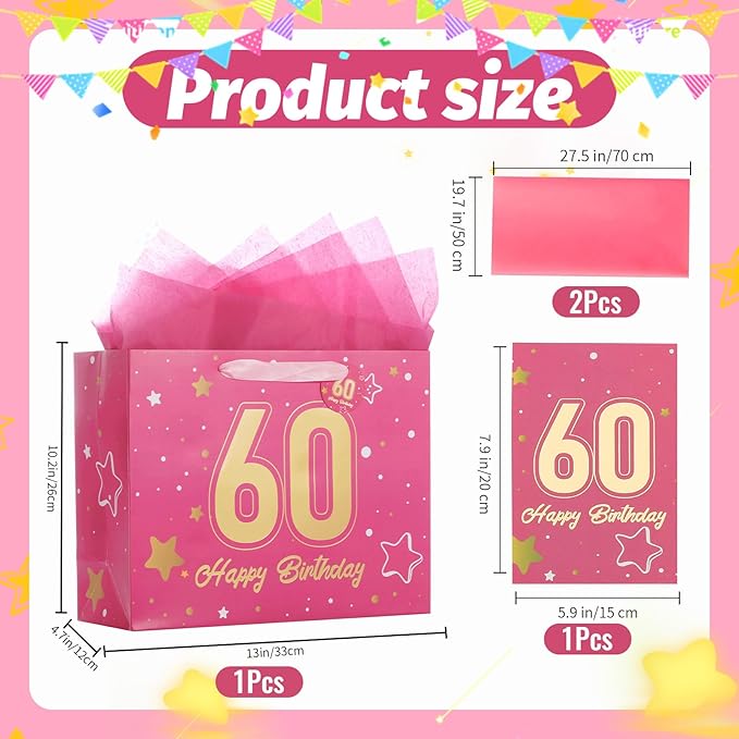 Powbrace 13" Pink 60th Birthday Gift Bag with Tissue Paper and Greeting Card for Party,Happy Birthday Gift Bag for Men Women,Gift Bags Medium size(1 Pink 60th)