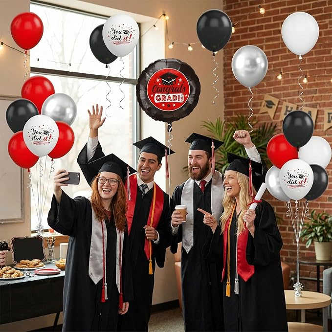 Red Black Silver Graduation Balloons, 60pcs Red Silver Black White Printed Balloons, Congrats Grad Foil Balloon for Graduation 2026 Decorations Celebration Anniversary Party Supplies