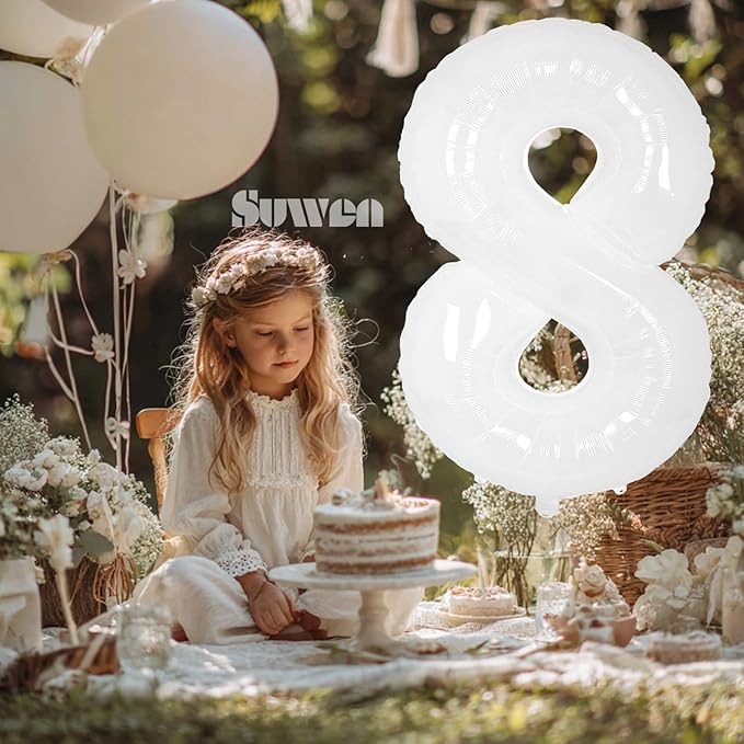 SUWEN 40 Inch White Large 8 Balloon Number Big Foil Helium Number Balloons 0-9 Giant Jumbo Happy 8th Birthday Party Decorations for Boy or Girl Huge Mylar Anniversary Party Supplies