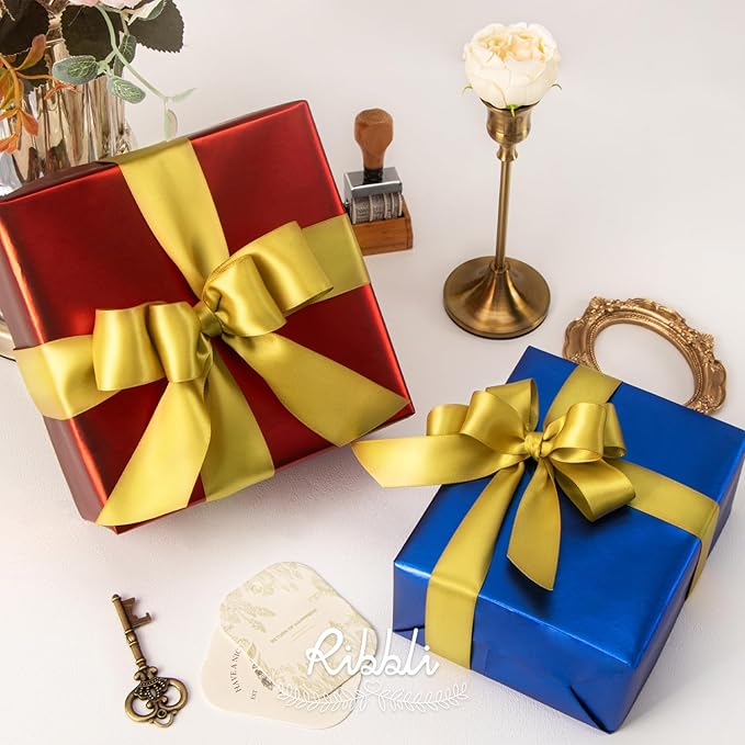 Ribbli Gold Double Faced Satin Ribbon,1-1/2” x Continuous 25 Yards,Use for Bows Bouquet,Gift Wrapping,Wedding Decoration