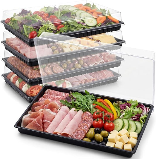 Shellwei 5 Pack Extra Large Charcuterie Board with Lids, 18 x 12 Inch Plastic Catering Trays for Cookies, Desserts, Candy, Reusable Serving Platters for Travel Party
