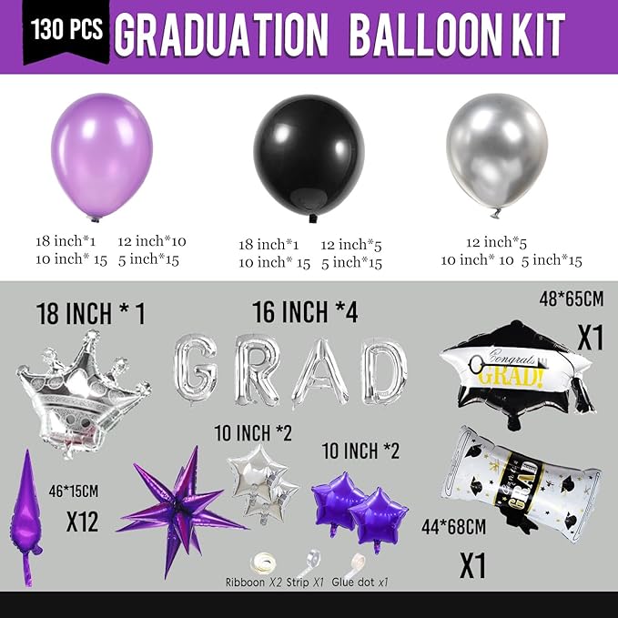 Black dark purple and silver Balloon Garland Arch Kit 130Pcs with dark purple and Silver Stars Graduation Certificate Graduation Cap crown GRAD Letters Mylar Balloons for 2025 Prom kpop Decorations