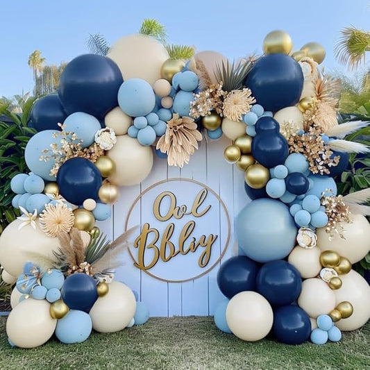 Navy Blue Balloon Garland Double Stuffed Dusty Blue Gold White Sand Balloons Beige Cream Metallic Latex Arch Kit for Neutral Baby Shower Birthday Gender Reveal Father's Day Graduation Party Decoration