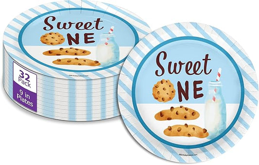 Sweet One Milk and Cookies First Birthday - 32 Piece Disposable Party Supplies - Decorations for Dessert 1st Birthday Round Party Plates - Large 9" Paper Plates In Bulk