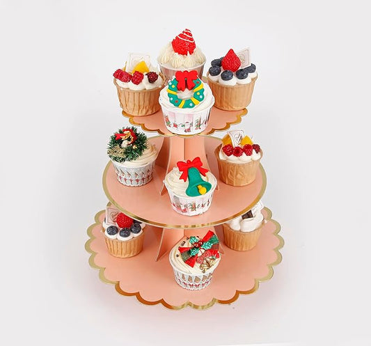YLDW Cupcake Stand with Lace Trim, 3-Tier Cupcake Stand Display, Cardboard Cup Cake Tower Stand, Disposable Dessert Stand for Birthday Tea Party Baby Shower Treat Decorations, Orange Pink
