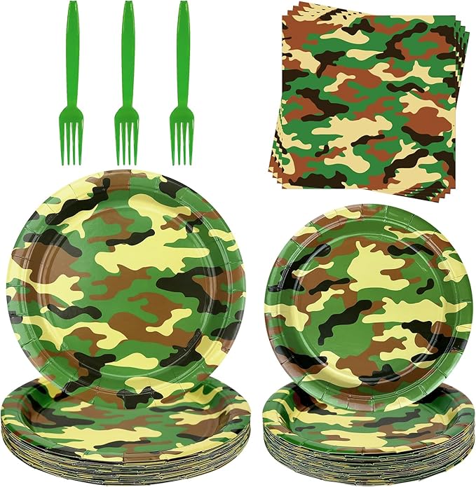 Camo Party Supplies - Army Party Tableware - Dinner Plates, Dessert Plates, Napkins, Forks for Boy Camouflages Hunting Military Party Supplies, Serves 25