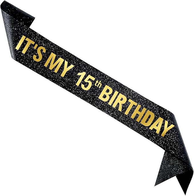 It's My 15th Birthday Sash for Boys Girls, Black Glitter Sash with Gold Foil