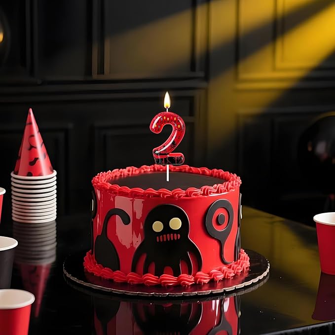 Red Number 2 Birthday Candle for Cake – Dark Horror Style with Alphabet Print & Shadow Design – Unique Cake Topper for Birthday, Anniversary, Themed Party Decoration